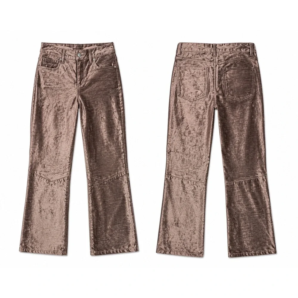 Free People‎ Brown Pants Crushed Velvet Crop Flare Size 27 Boho Chic